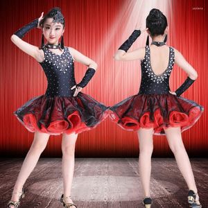 Stage Wear Stylel Girls Children Kids Latin Rumba Salsa Dance Dress Sexy Sleeveless Back Straps Fluffy Diamond Bead Skirt