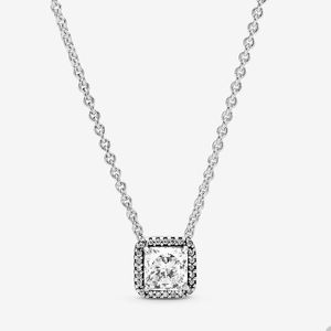 Quadratische funkelnde Halo-Halskette für Pandora, authentische Sterling-Silber-Kettenhalsketten, Designer-Schmuck für Frauen, Kristall-Diamant-Hochzeitshalskette mit Originalverpackung