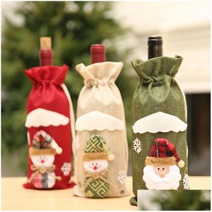 Decorações de Natal Garrafa de Vinho dos Desenhos Animados Er Papai Noel Boneco de Neve Rena Drastring Bag Estojo Mesa de Jantar Decoração de Casa Drop Delivery Jardim Dhu7M