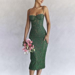 Casual Dresses Soolasea 2023 Women Midi Lace Green Dress Elegant Sexy Night Wedding Guest Evening Party Spaghetti Strap Birthday