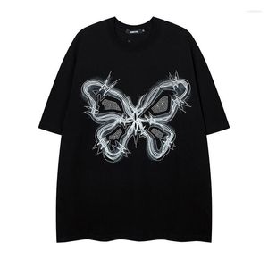 Camisetas masculinas moda retrô impressão de borboleta solta casual com decote em O manga curta camisa masculina para o verão