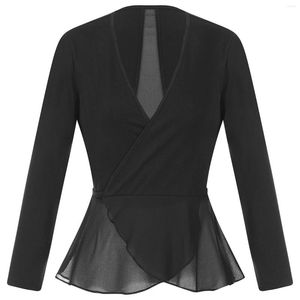 Scene Wear Women Lace-Up Wrap Ballet Jacket 3/4 Sleeve V Neck Bolero Tops Sheer Chiffon Patchwork Dance Training