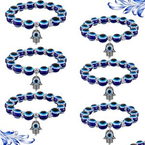 Beaded Fashion Sier Color Strand Bracelet Evil Blue Eye Hamsa Hand Fatima Palm Bracelets For Women Beads Chain Vintage Jewelry Femal Dh8Oh