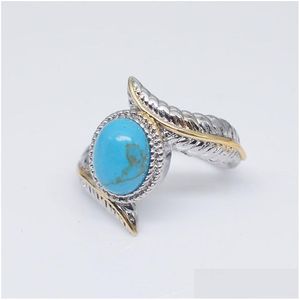 Solitaire Ring Retro Feather Turquoise Blue Diamond Rings Band Fashion Jewelry for Women Christmas Gift 080351 Drop Delivery Dh3zy