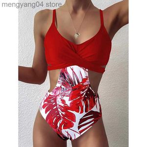 Women's Swimwear 2021 New Printed One Piece Bikini Swimsuit Sexy Stitching Triangle Women Swimwear Push Up Monokini Bathing Suit Summer Beachwear T230606