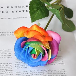 Decorative Flowers 1pc Simulation Artificial Flower Fake Moisturizing Rose Home Table Decoration Rainbow Wedding Party