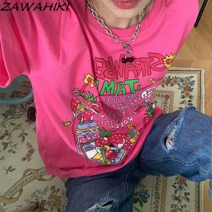 Kadın Tişört Y2K Estetik Pembe Üstler Japon Harajuku T-Shirt Kawaii Baskı Üstleri E-Girl Peri Tshirt Sevimli 00S Grafik T Shirt 230606