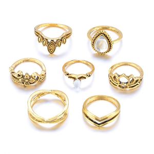 Band Rings 7Pcs Set Vintage Hollow Carved Flower Rhinestone Ring For Women Men Party Accessories Finger Gold Sier Color Drop Deliver Dhpty