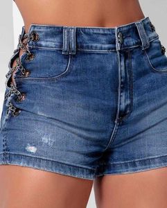 New Fashion 2023 Summer Casual Bottom Sexy Cable Loop Eye Chain Pizzo Pantaloncini di jeans aperti Donna Elegante aderente P230606