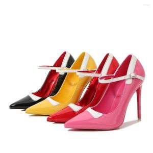 Dress Shoes Women Mary Jane High-Heeled Mixed Colors Sexy Ladies High Heels Pointy Toe 12cm Stiletto Pumps Yellow Pink