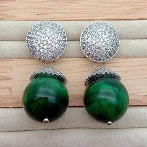 Stud Earrings KKGEM White Cz Pave Round 14mm Green Tiger Eye Coin For Women Classic Simple Rhinestone Earring Wedding Luxury