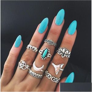 Band Rings 9 Pieces Set Of Personalized Lady Ring Retro Totem Elephant Turquoise Lotus Fish Tail Joint Pattern Casual Party Jewelry Dhpk2