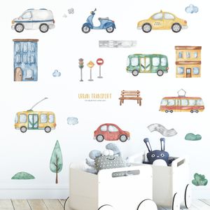 Adesivos de parede de carro de desenho animado pintados à mão para decoração de quarto de berçário de bebê ecológico Decalques de PVC decorativos murais removíveis