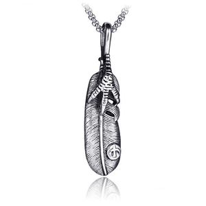 Pendant Necklaces Stainless Steel Eagle Claw Feather Ancient Sier Necklace Women Men Nightclub Hip Hop Fashion Fine Jewelry Drop Del Dhsct