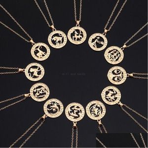 Pendant Necklaces 12 Zodiac Sign Necklace Coin Gld Chain Aries Taurus Pendants Charm Star Choker Astrology Women Fashion Jewelry Wil Dhf76