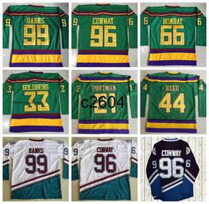 c2604 Movie Mighty Green Ducks Hockey Jerseys 96 Charlie Conway 99 Adam Banks 66 Gordon Bombay 44 Fulton Reed 33 Greg Goldberg 21 Dean Portman Stitched Jersey Mens Vint