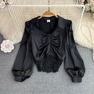 Women's Suits Spring And Autumn Korean Style Fashion V-neck Pleated Shirt Female Design Sense Niche Feather Stitching Long-sleeved Top