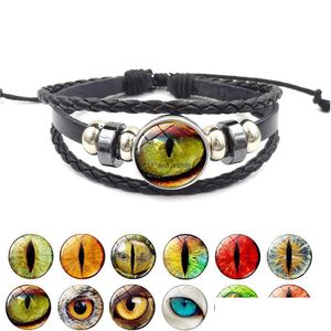 Charm Bracelets Animal Dragon Eye Glass Cabochon Time Gem Bracelet Vintage Pu Leather Ajustável Braided Cuff Women Men Fashio Dhaux