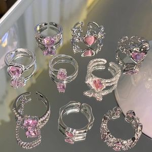 ソリティアリングkpopピンククリスタルラブハートオープンリングfor bff wedding luxury vintageグランジ美学ジュエリーエモy2kアクセサリー230605