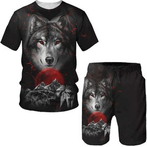 トラックスーツサマー3DオオカミパターンメンズTシャツ/セットヒップホップOネック半袖Tシャツと2ピースクールな動物スポーツウェアP230605