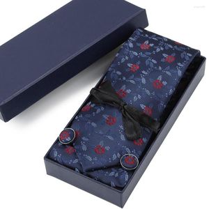 Bow Ties Blue Long Present Box With Tie Pocket Square Manschettknappar Fashion Design Slyckor Passar Bussenighet Bröllopsfestklädtillbehör