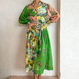 Casual Dresses Women Summer Beach Style Green Flower Print Single Breast Long Sleeve Lace Up Waist Ramie Shirt Dress