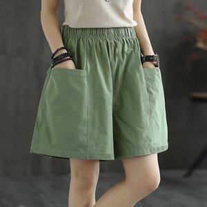 Shorts Women's Casual 2023 Summer Fashion Nowy elastyczna talia bawełniana lniana kieszonkowa długość kolan Bermuda Shorts P230606