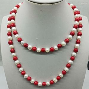 Chains Delicate 8-9mm White Freshwater Cultured Pearl &8mm Red Coral Round Beads Necklace 35 Inch Fashion Jewelry 2023