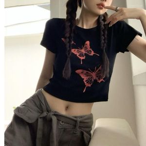 Koszule damskie Deeptown 2000s Y2K Streetwear Graphic Crop T-shirty Koreańska moda Szczupła czarna krótka rękaw Top Kobiet Hippie Casual