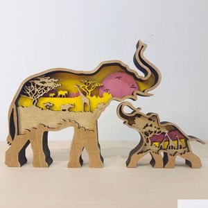 Outra decoração de casa Mon and Son Elephant Craft 3D Laser Cut Wood Material Gift Art Crafts Set Forest Animal Table Decoration Ele Statue Dhyig