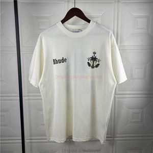 Tasarımcı Moda Giyim Tees Tshirt Rhude Rhude Amerikan yaz taç hindistan cevizi ağacı baskı rahat hip hop gevşek kısa kollu erkek tişört trend pamuk sokak giysileri