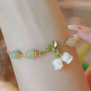 Strand Fashion Nature Stone Bead Armband White Floral Flower Sweet Vintage Jade Women's Armband Trendy Pared Jewellery Accessories