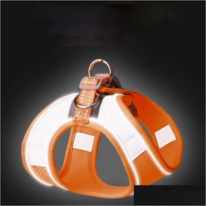 Dog Collars Leashes Fl Night Reflect Light Waistcoat Harness Leash Set Adjustable Breathable Collar Rope Outdoor Metal Rings Pet S Dhxyi