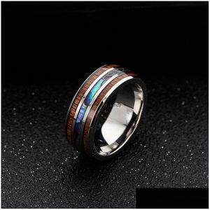 Band Rings 8Mm Mens Bands Inlay Hawaiian Koa Wood And Abalone Shell Titanium Steel Ring Finger For Women Men Fashion Jewelry Dhezd