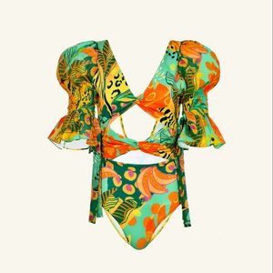 Swim Wear Print Swimsuit 2023 Hollow Out Sexy badkläder Kvinnor Bodysuit Short Puff Sleeve Monokini Women's Bathing Suit Beachwear 230605