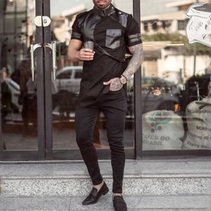 Men's T Shirts 2023 Spring Summer Fashion Patchwork Irregular Leather Mens T-shirt Casual Short Sleeve Stand Collar Pullover For Men