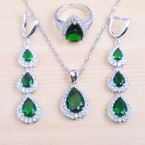 Halsbandörhängen Set Dubai Styl Water Drop Green Zirconia Women's Wedding Silver Color Earring and Set Pendant Rings Q0181