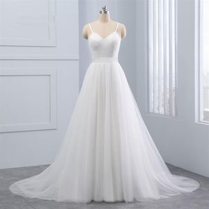 Cinghie senza spalline Taglie forti Scollo a V Spiaggia A Line Abito da sposa Tulle Drappeggiato Pizzo Cintura su misura Abito da sposa Senza schienale Alla moda B303E