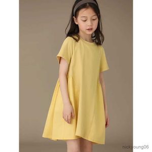 Flickans klänningar Summer Girls 'Short Sleeve Kids Solid Cotton Casual Dress Girl Clothing Children Toddler In Yellow 4-14 Years R230607