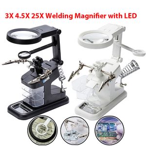 Magnifying Glasses 3X 4.5X 25X Welding Magnifying Glass with LED Light Magnifier Lens Auxiliary Clip Loupe Desktop Magnifier Soldering Repair Tool 230606