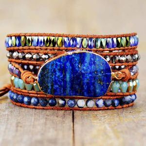 Łańcuchowe bransoletki z naturalnymi kamieniami Lapis Lazuli skórzany pasek Tkane koraliki bransoletki biżuteria Femme Drop 230606