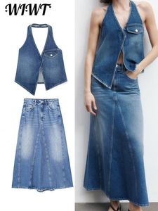 Two Piece Dress Women Y2K Jeans Vest Skirts Sets Casual Halter Backless Buttons Pocket Tank Tops Female Elegant Aline Denim Skirt Suits 230607