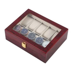 10 Gitter Retro Red Wooden Watch Display Hülle Langlebige Verpackungshalter Juwely Kollektion Aufbewahrungs Uhr Organisator Box Schatulle T200522410