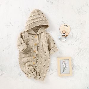 Rompers Baby Rompers Autumn Hood Long Sleeve Born Boys Girls Knittade Jumpsuits Playsuits Winter Toddler Spädbarnskläder kläder 0-18m 230606