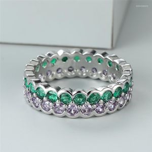 Fedi nuziali Anello impilabile in cristallo viola verde Zircone bianco Ciondolo in pietra tonda piccola Fasce color argento per gioielli da sposa da donna