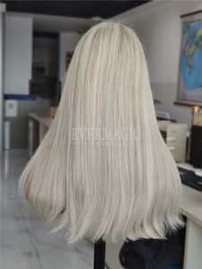 Evermagic None Layerd Lace Front Human Hair Wigs Balayage Highlight Ash Blonde Super Natural Hair Line