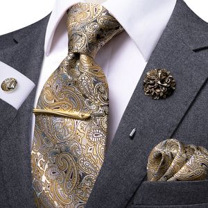Krawat krawat hiie żółty brązowy paisley dla mężczyzn jedwabny męski klip prezent luksusowy krawat hanky mankiety zestaw formalny ślub 230605