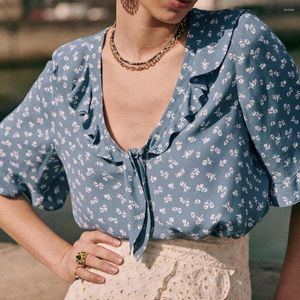 Damenblusen Rowling Mirror Floral Blue Chiffon Shirt Damen Rüschen V-Ausschnitt Halbarmbluse Vintage Resort Kleidung