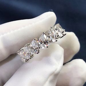 Anel Eternity Pear Cut AAAAA cz anel de casamento de noivado cheio de ouro branco para mulheres, homens, joias de festa