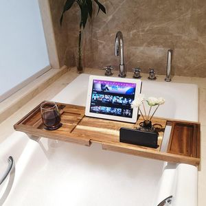 Organização Organização Spa Ajustável Bandeja de Banho de Madeira Bambu Handmade Bathtub Caddy Organizador Acessórios para banheiros de banheira Bathtub Rack Stand Stand